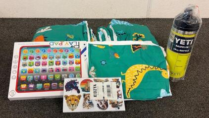 BRAND NEW PRODUCTS!! Including (1) YETI Rambler 18oz Bottle, (1) Beeweed 4 Pieces Dinosaur Toddler Bedding Set, (1) Play Pad, And More!!