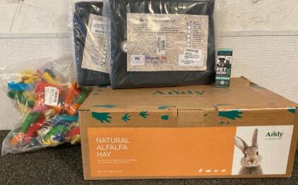 ALL NEW!!! Pet Lot Including, (2) Black Majestic Ally 1000D Waterproof Reflective Western Saddle Covers, 7Lbs Of Natural Alfalfa Hay, Parakeet Hanging Toy And Pet Hemp Oil