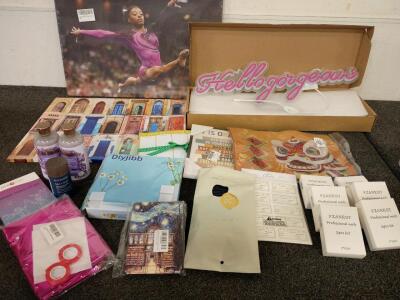(1) Simone Biles Canvas (1) Abstract Art Canvas (1) Hello Gorgeous LED Light Sign (6) Piece Gel Polish (2) Lavender and Chamomile Bath Gel (1) Blackstone Deodorant Miscellaneous household Items