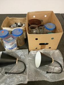 (2) Black Metal Lamp Heads and Miscellaneous Nuts Bolts And Hardware