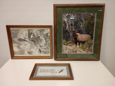 Framed Art Print of a Bugling Bull Elk 29"x24", vVntage Eched Print Titled "Timberline Bald Eagle" By the Artist Bill O'Neill 18"x22", Framed Christian Home Decor Featuring the Bible Verse Isaiah 40:31 And An Eagle Illustration 17"x11"