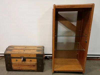 Mid-Century Modern Teak Display Cabinet With Glass Shelves. 43"x21"x17, Antique Wooden Steamer Trunk With a Dome Top and Metal Banding. 17"x26"x15"