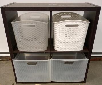 Dark Brown, Two-Shelf Four- Cube Storage Organizer With Two White Woven Plastic Baskets and Two Clear Plastic Storage Bins. 30"x30"x15"