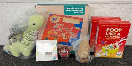 BRAND NEW PRODUCTS!! Including (1) JELLY CAT Amuseables Peanut, (1) Bellzi Brontosaurus Stuffed Animal, (2) Magnet Color And Countinf Maze Activity Board, And So Much More!!