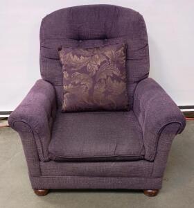 Purple Upholstered Armchair Featuring a Classic Design With Rolled Arms, a Tufted Back, and Wooden Feet. 36"x36"x34"