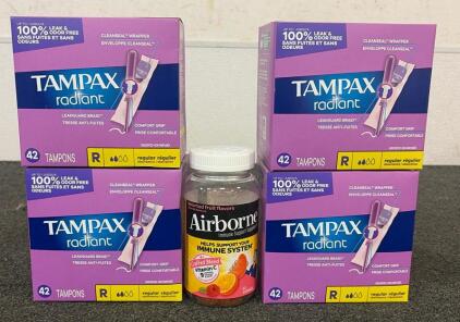 BRAND NEW PRODUCTS!! (4) Boxes Of Tampax Radiant Tampons Regular Flow And (1) Container Of Airborne Immune Support Supplement Gummies!!
