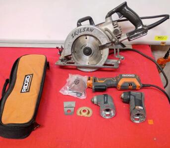 Skilsaw 7-1/4" Worm Drive Circular Saw (potentially model HD77 or SPT77W-01) and a RIDGID JobMax Oscillating Multi-Tool With Attachments