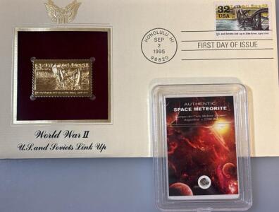 World War II U.S. And Soviets Link Up 22kt Gold-Clad Stamp W/ Authentic Space Meteorite" fragment