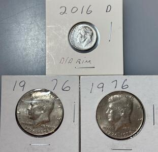(2) 1776-1976 Bicentennial Kennedy Half Dollar And Rare 2016-D Uncirculated Dime Coin With &ldquo;D/A Rim&rdquo;