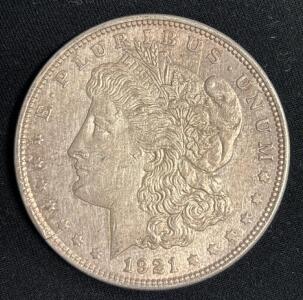 1921 Morgan Silver Dollar Coin, Philadelphia Mint, 90% Silver Content
