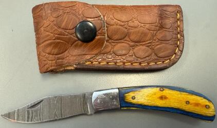 Handmade Damascus Pocket Knife W/ Sheath