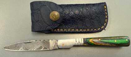 Handmade Damascus Folding Pocket Knife W/ Sheath