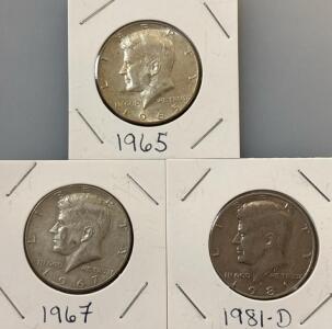 (3) John F. Kennedy Half Dollars 1965, 1967, 1981-D