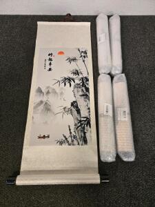 (5) Zzooi Chinese Lucky Painting Carp Bamboo Wall Art Hanging Silk Scroll,Feng Shui Decor