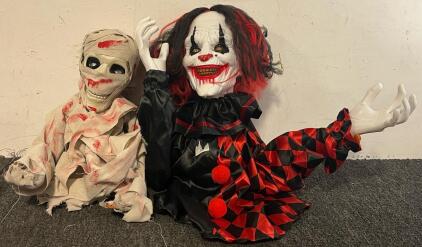 (2) Halloween Animatronics &mdash; Creepy Clown & Creepy Mummy Yard Decor