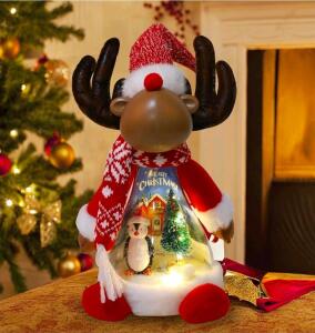 (3)Lighted Christmas Doll, Plush Light Up Christmas Doll Toy Holiday Present, Battery Operated Xmas Gifts Winter Mantle Tabletop Decor (Brown Christmas Deer)