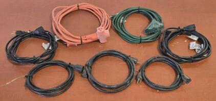 (7) Assorted Length Extension Cords w/ Rolling Wood Storage Box