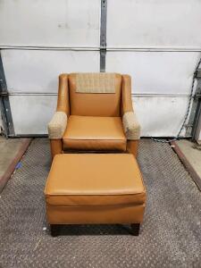 Tan Leather Armchair with Ottoman, Wood Legs