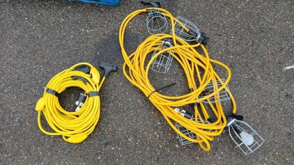 (1) Heavy Duty Extenstion Cords W/ (4) 3-Plug Splits & (1) Heavy Duty Construction String Work Lights