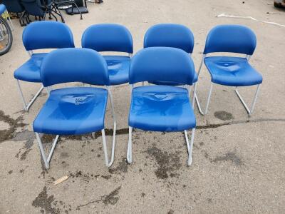 Set of 6 Blue Stacking Chairs, Plastic with Metal Frame, Stackable