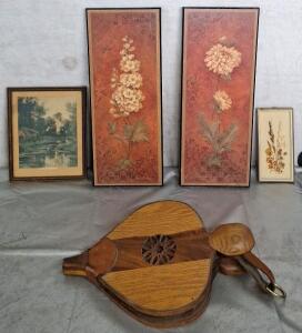 (1) Vintage Wooden Fireplace Bellow & (4) Pieces Of Vintage Wall Art