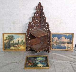 (1) Wooden 2-Tier Corner Shelf & (3) Pieces Of Vintage Wall Art