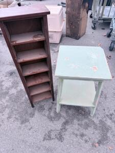 Wooden Shelf with Woven Panels & Rustic Green Side Table