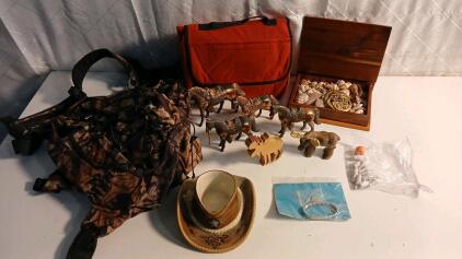(1) Box Of Assorted Sea Shells (4) Metal Horse Figurines (1) Metal Link Bracelet & More