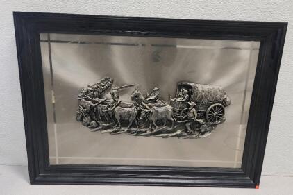 (1) 25" x 35" Framed 3D American West Horse-Drawn Stagecoach Relief Sculpture