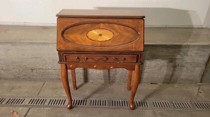 Mid 20th Century Secretary Desk, Wooden, Inlay Design, 6 Compartments