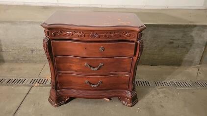 Ornate Wooden Dresser with 3 Drawers, Dark Wood Stain