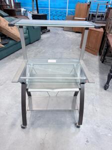 Glass and Metal Computer Desk/Cart with Wheels, 2 Shelves
