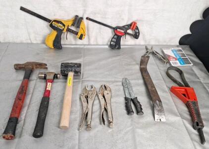 (2) Hammers, (1) Rubber Mallet, (2) Pair Of Vice Grips, (2) Quick Clamps & More