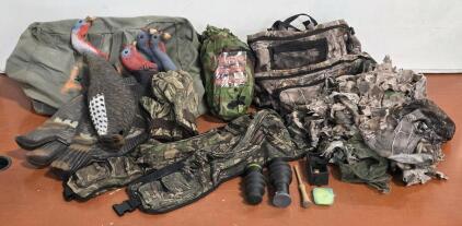 Assorted Hunting Gear: Gillie Suits, Turkey Decoys/Calls, Storage Belts & Bag