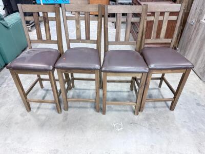 Set of 4 Ladder Back Bar Stools, Wood Frame & Faux Leather Seat