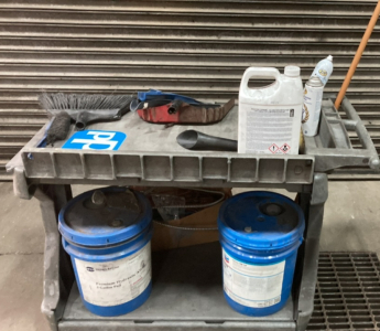 Utility Cart W/ Cleaning Supplies, Misc Wire & Metals, Hydraulic Fluid & Antifreeze