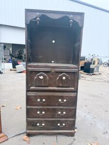 Secretary Desk, Wood, 4 Drawers, Fold-out Writing Surface, Decorative Finials