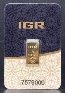 IGR 1 Gram Gold Bullion Bar, 999.9 Fineness, Serial 7579000
