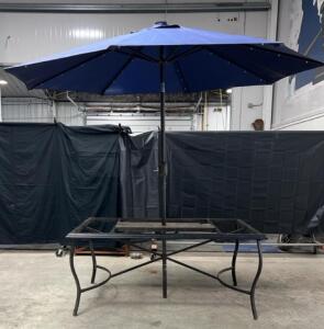 Metal Patio Table with Blue Umbrella, 60"x38" Table, 9' Umbrella