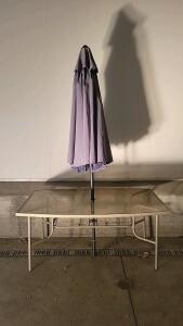 Rectangular Outdoor Patio Table with Purple Umbrella, Glass Top, Metal Frame