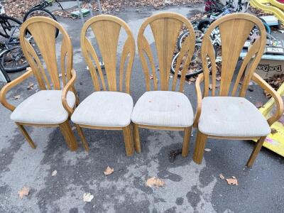 Set of 4 Wooden Dining Chairs, Beige Upholstery, 2 with Arms, Slatted Back