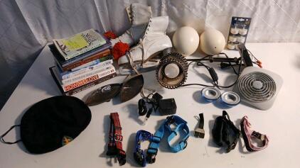 (1) Vintage Pair Of Ice Skates (9) Assorted Books (5) Assorted Small Dog Collars & More