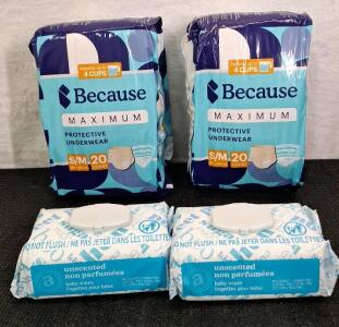 (2) 20-Count Packs Of Because Maximum Pull Ups - Adult Disposable Incontinence Underwear for Men and Women, White, Small/Medium & (2) 90-Count Packs Of Unscented Baby Wipes