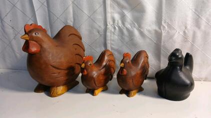 (3) Wooden Chicken Statues (1) Cast Iron Chicken Statue