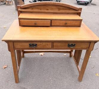 Wooden Writing Desk with Four Drawers, Light Brown, Metal Handles