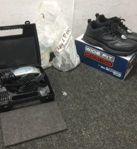 (1) Pair New Sketchers Work Shoes, (1) Set Of Hair Clippers, And (2) Bags of Roofing Nails