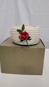 White Round Brimless Hat with Red Rose Decoration