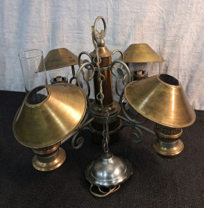 (1) Unique 5-Light Metal & Glass Chandelier W/ Hardware & 6-Bulbs