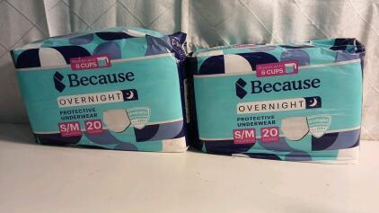 (2) Because Overnight Protective Underwear, S/M, 20 Count