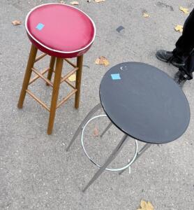 Pair of Bar Stools: Red Cushioned Wood, Black Metal with Footrest